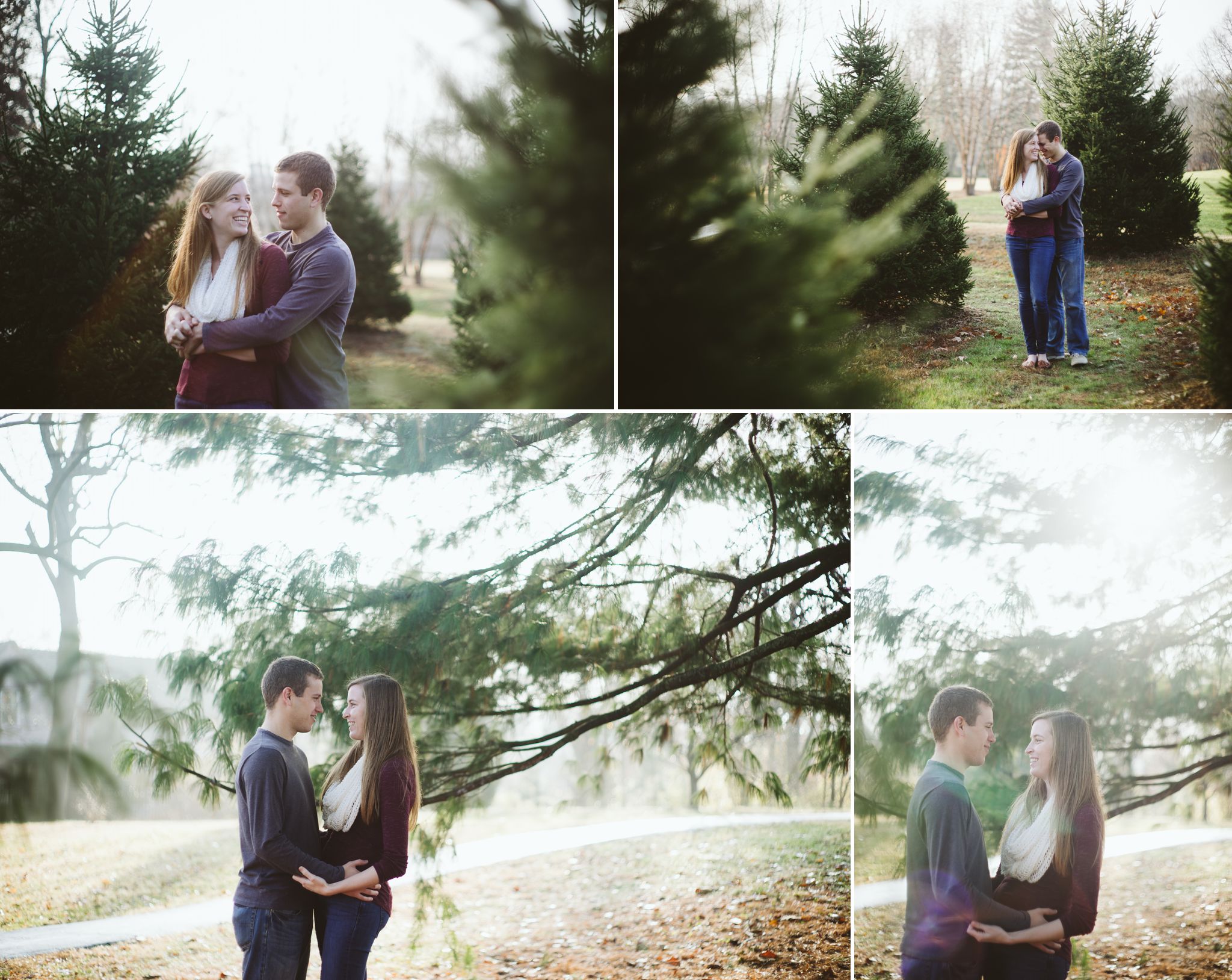 A collage of photos of a couple standing among evergreen trees in Blackburn Park during their fall Engagement photos