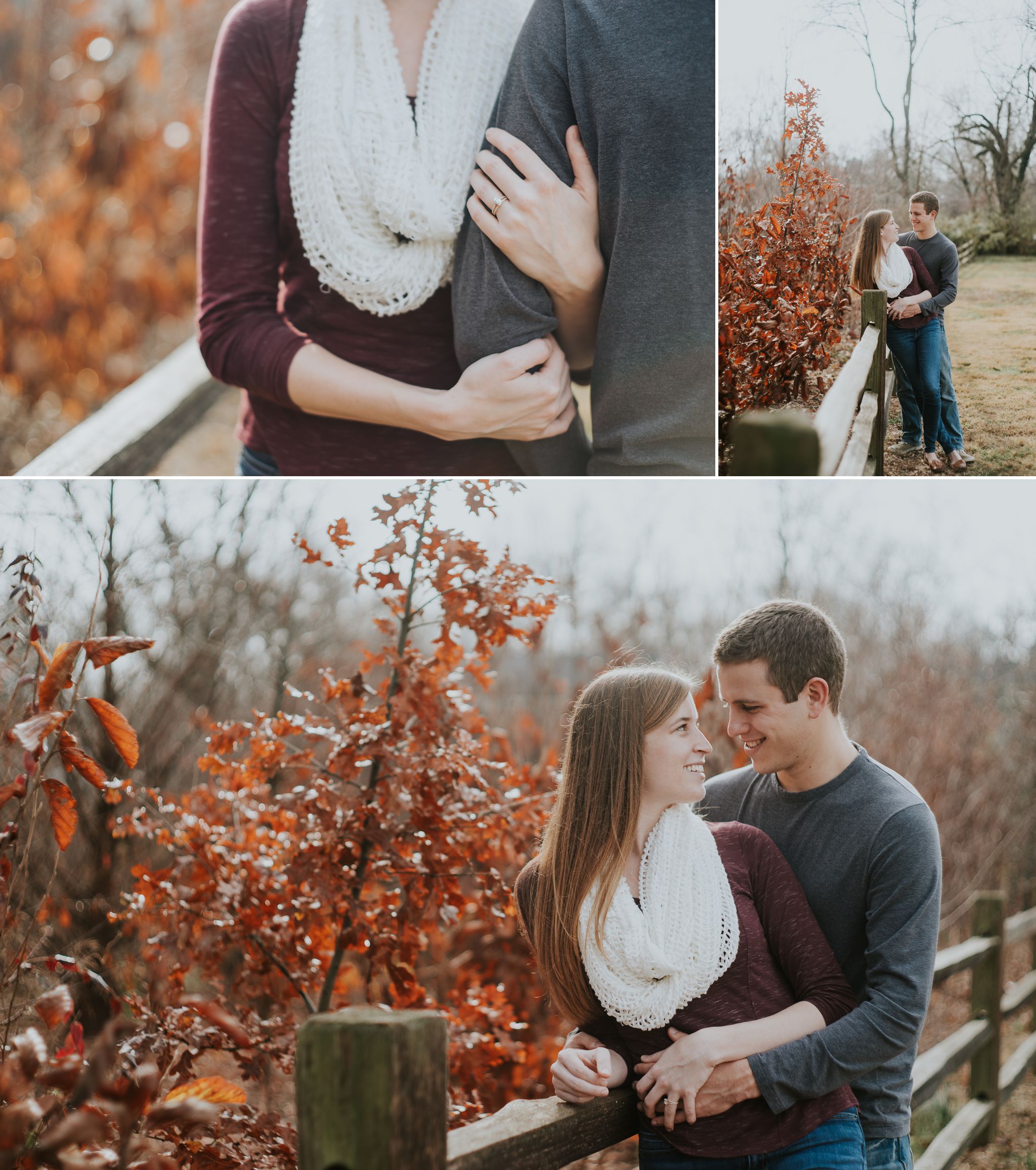 A couple poses in front of a wooden fence during their Blackburn Park Engagement Photos