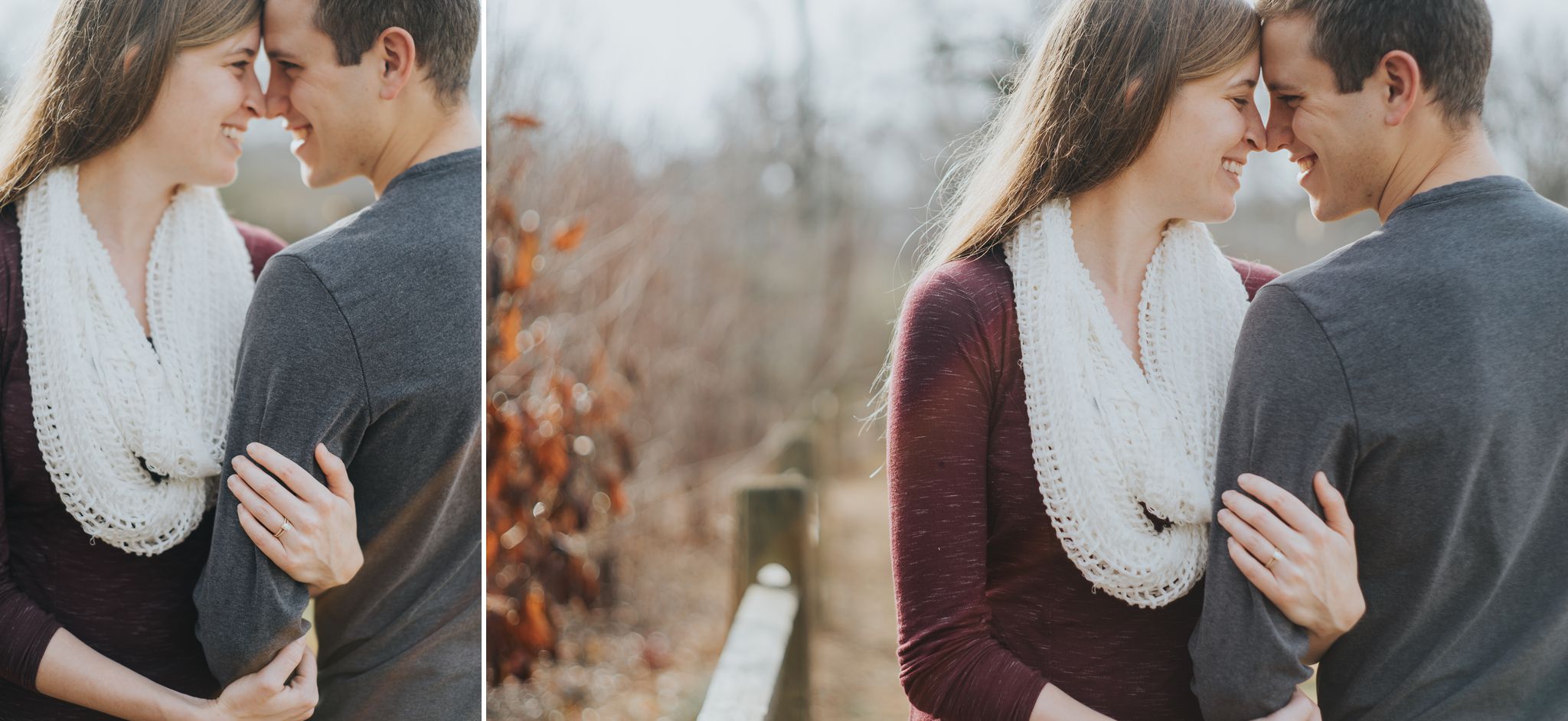 A couple snuggles together during their engagement session at Blackburn Park. The woman is wearing a white infinity scarf. You can see her engagement ring clearly, as her arm is wrapped around her partner's bicep. 