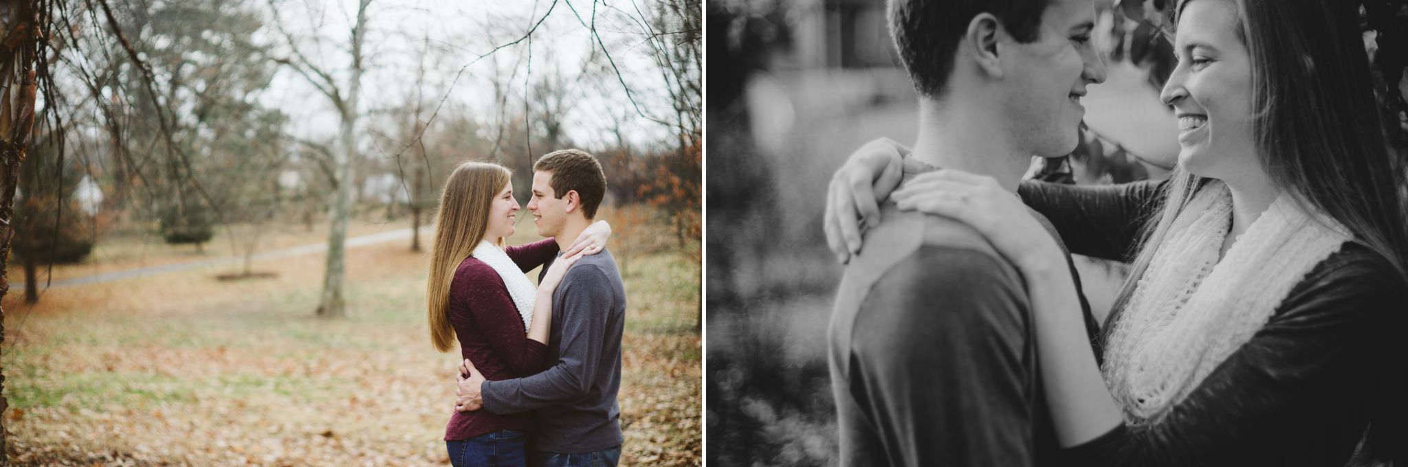 A couple embraces and looks each other in the eyes at Blackburn Park during their Engagement Session