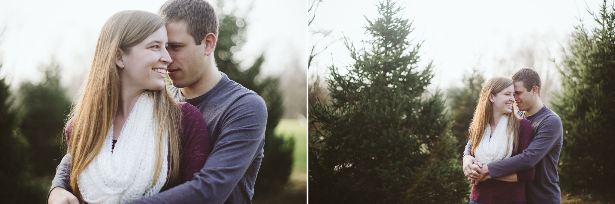 A couple stands between two pine trees during their Blackburn Park Engagement Session