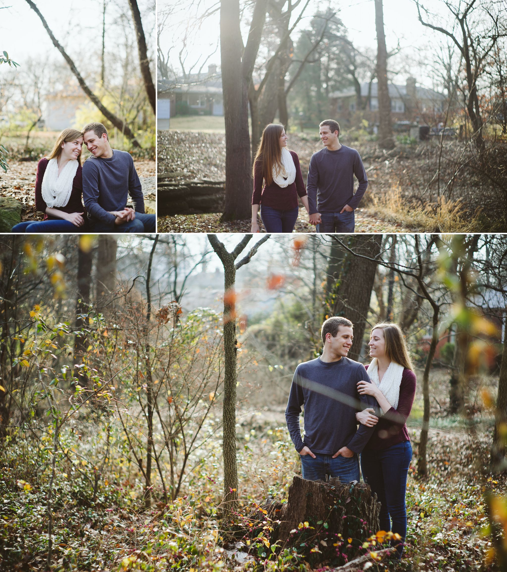 A collage of photos of a couple walking through the woods during their Blackburn Park Engagement Photos