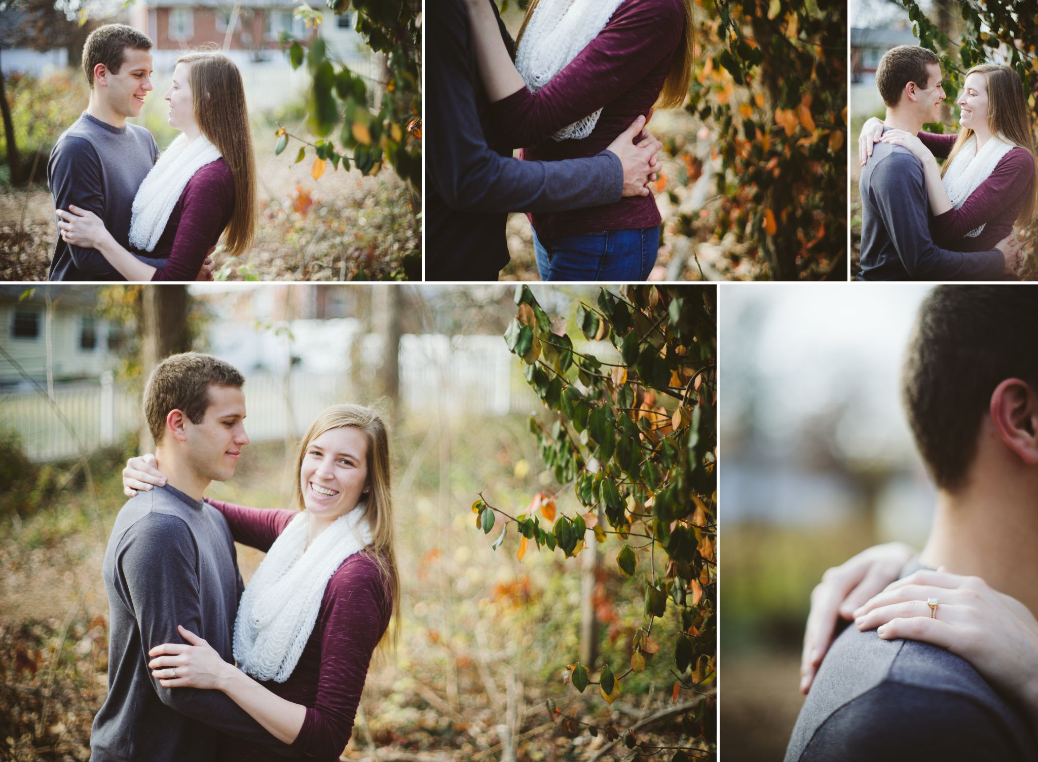 A collage of photos of a couple smiling and laughing together during their Blackburn Park Engagement Photos
