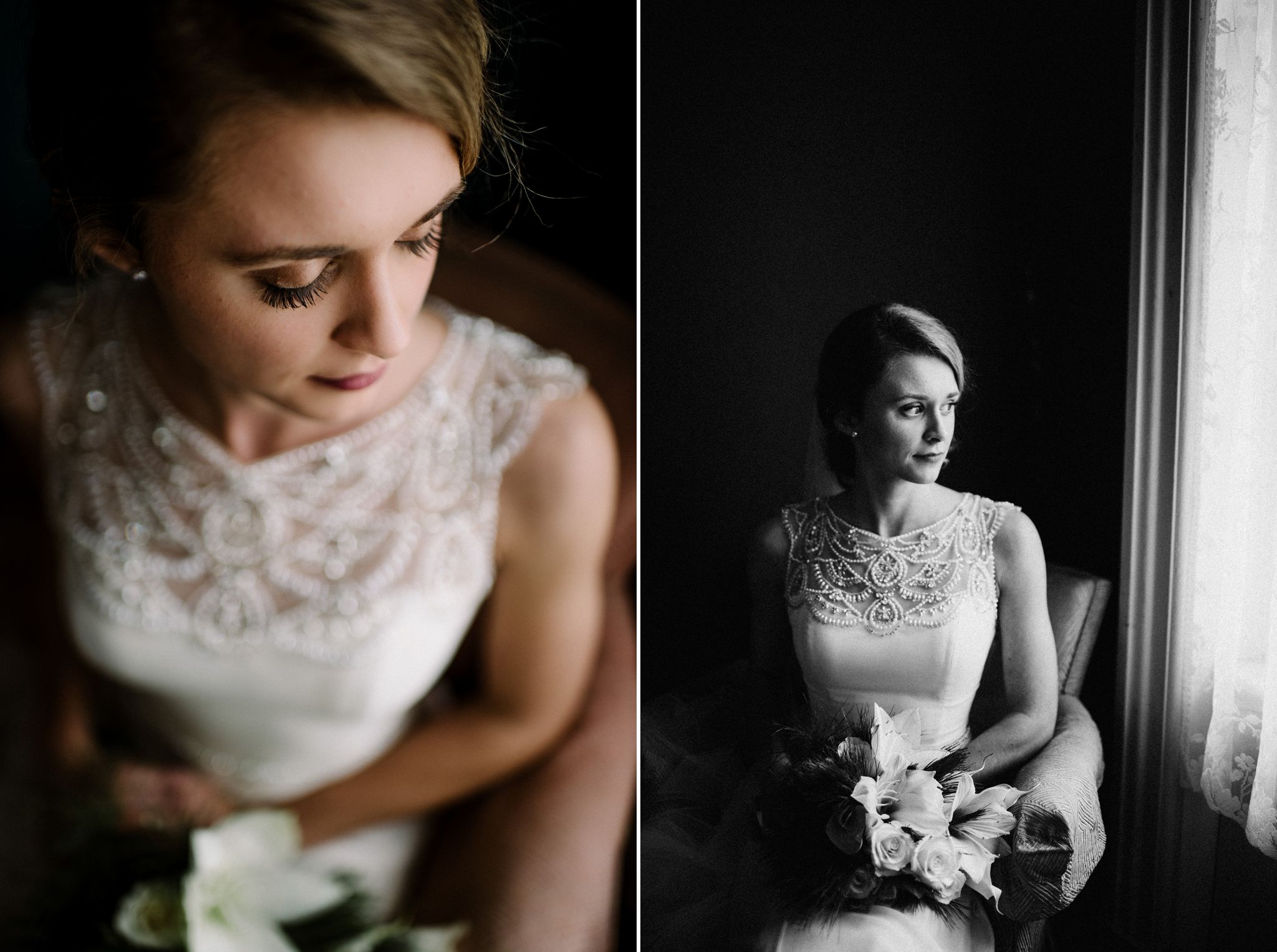 black and white photo of a bride sitting in a chair and looking out the window