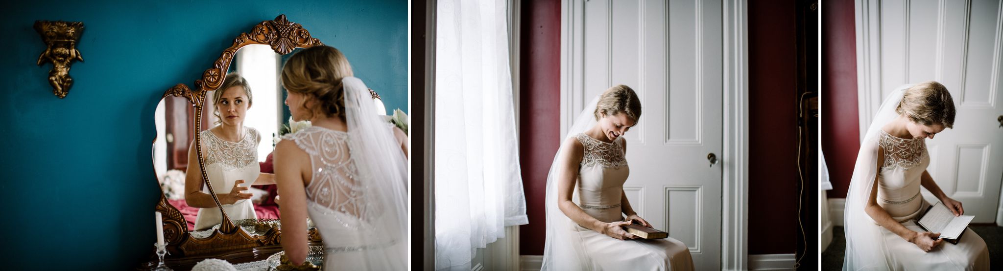 A bride is looking in a mirror and putting the final touches on her makeup