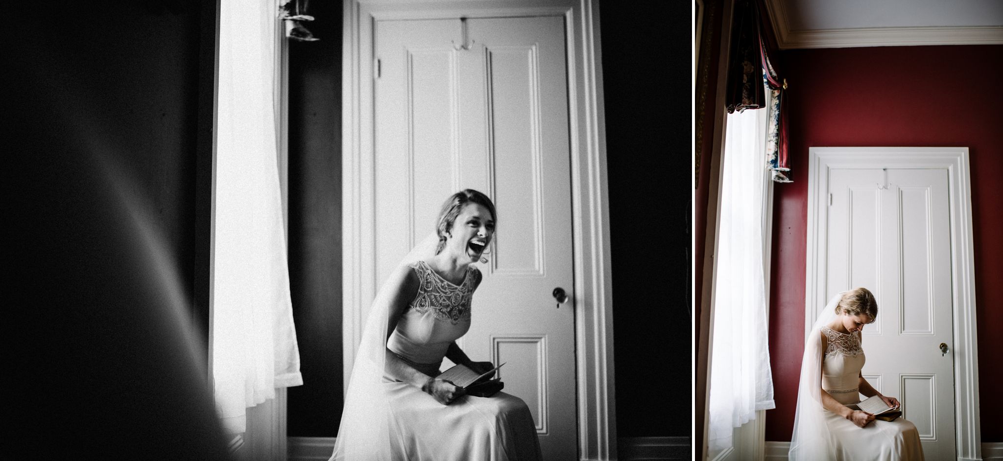 A bride is sitting in a chair and laughing at a letter the groom has written her. 