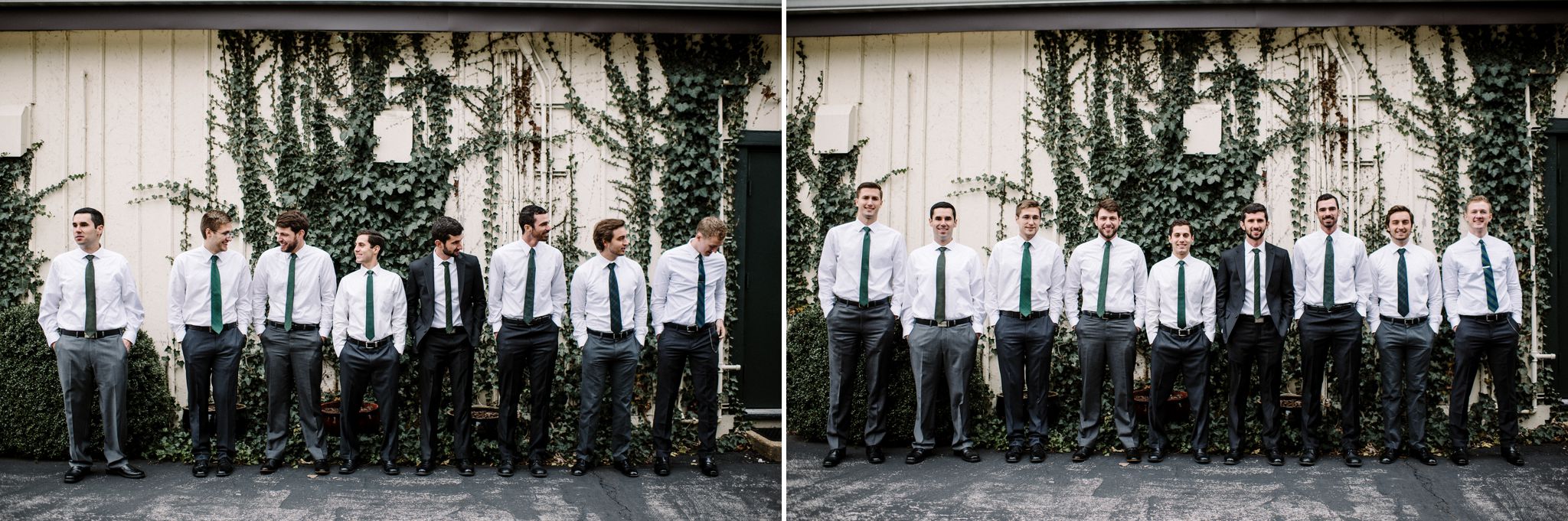 Groom and Groomsmen stand in a line in front of the barn at The Larimore House