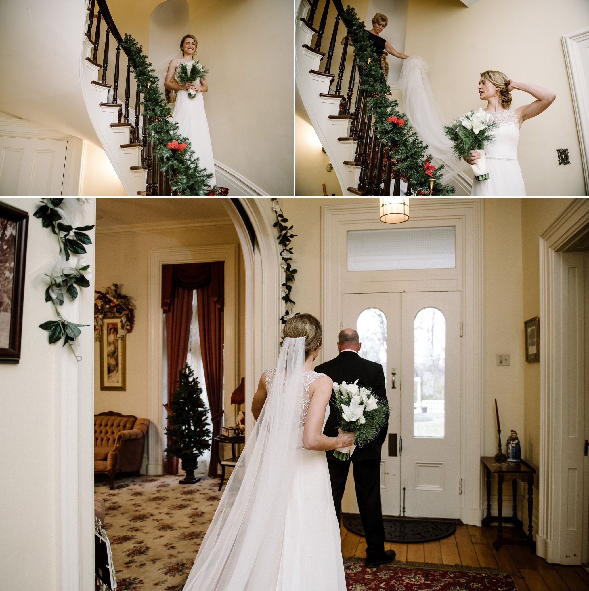 A bride's first look with her father in the front foyer of the Larimore House