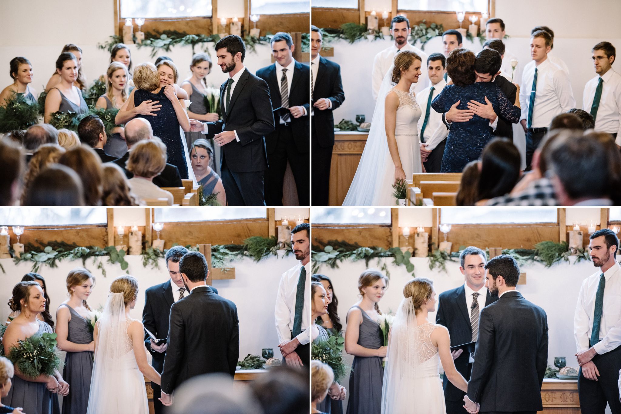 A collage of photos of a wedding ceremony in the chapel at the Larimore House