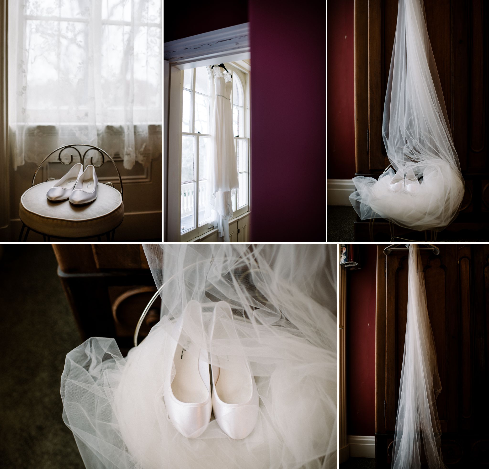 A collage of details of the bride's dress, veil, and shoes in one of the bedrooms in the Larimore House.