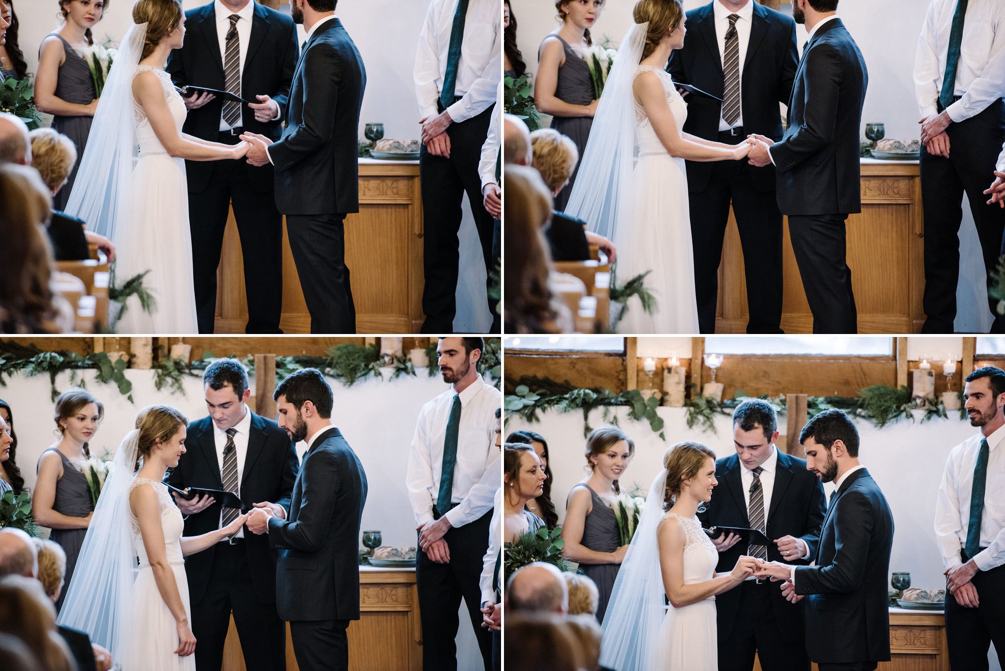 A collage of photos of a ring exchange during a wedding ceremony in the upstairs chapel at the Larimore House 