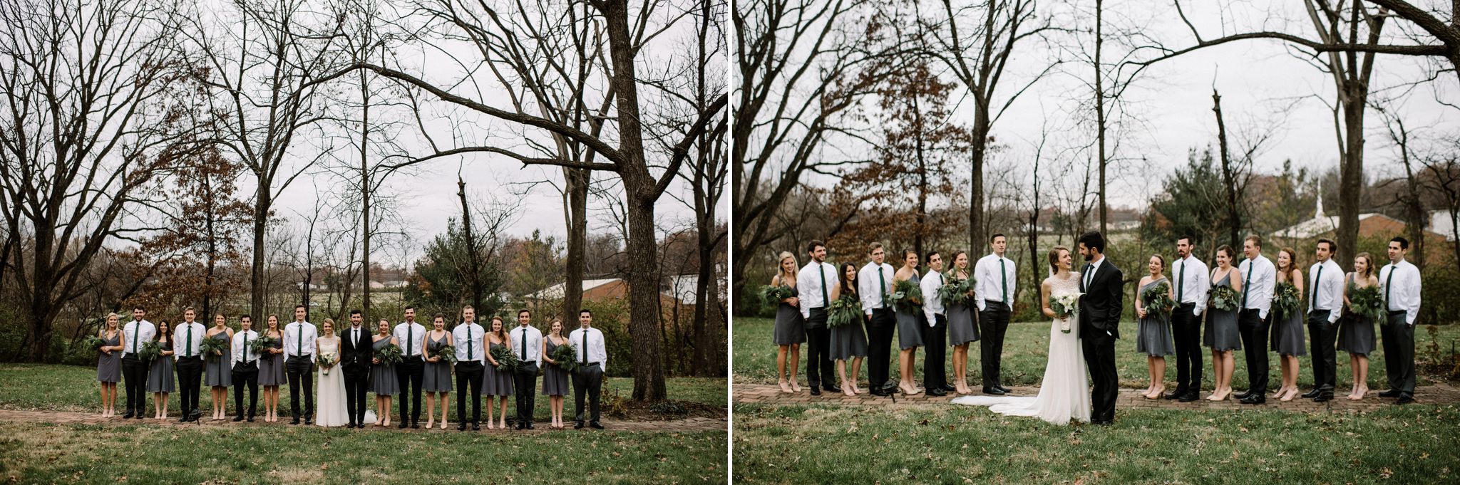 The wedding party poses for a group photo on the grounds of the Larimore House in Spanish Lake, MO 