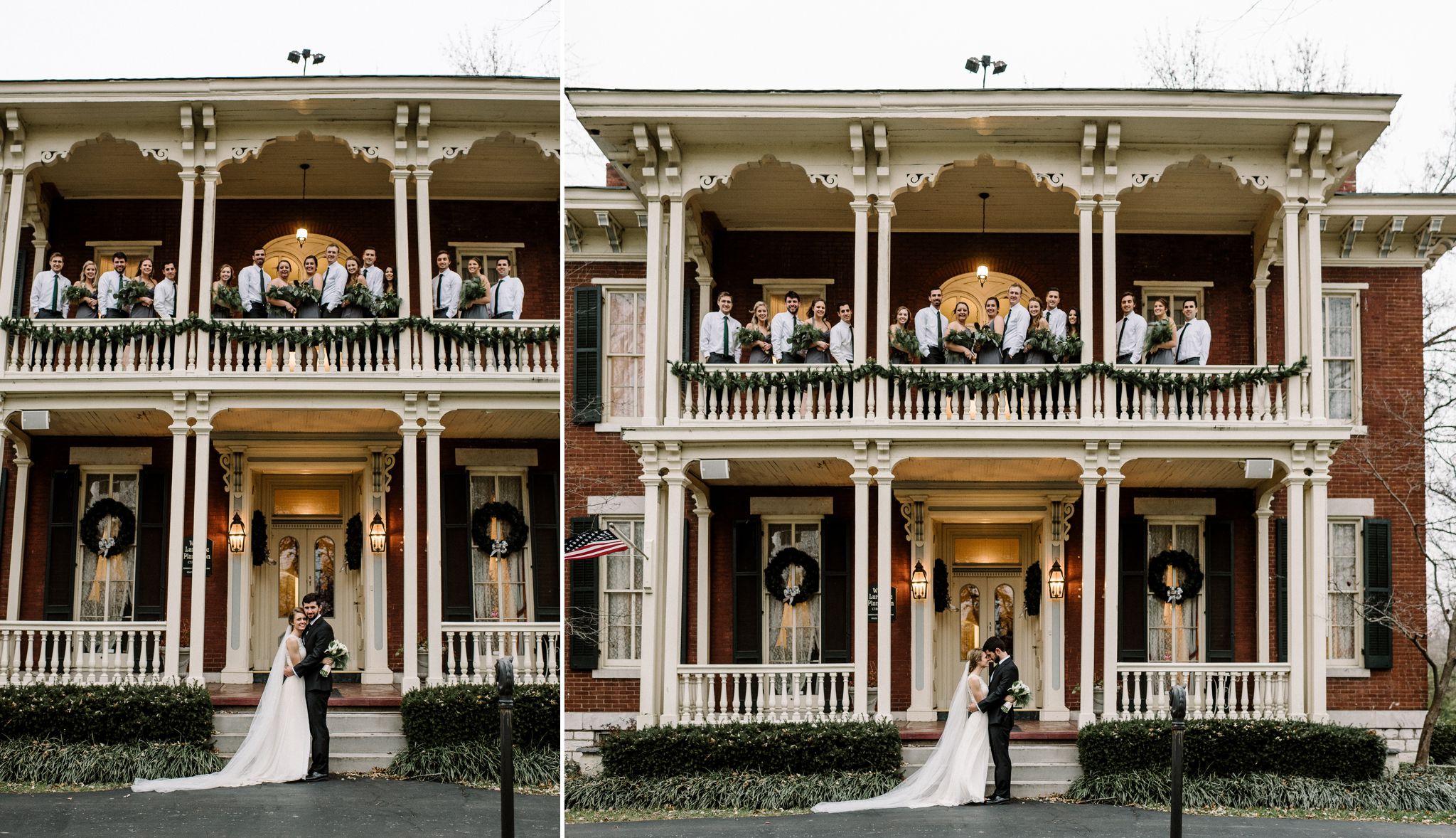 A bride and groom stand on the front steps of the Larimore House while their wedding party stands on the second floor porch. The house is fully decorated for Christmas. 