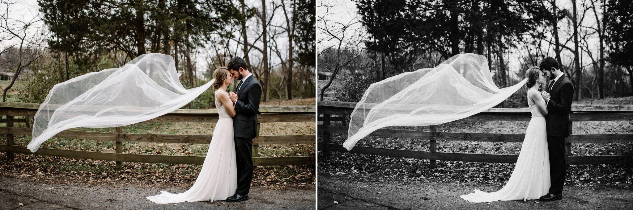 A bride and groom stand together by the fence on the grounds of The Larimore House. Her long veil is blowing in the wind. 