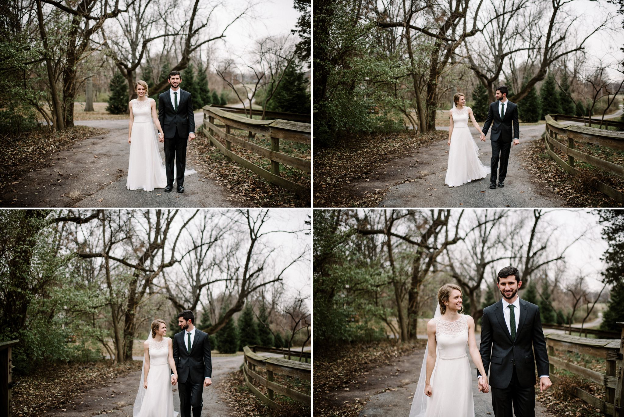 A bride and groom walk along a path on the grounds of the Larimore House 