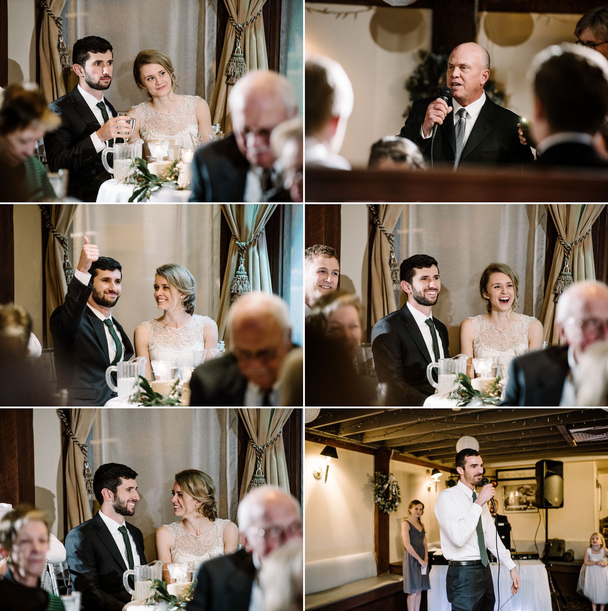 A collage of photos of special toasts at a reception in the Barn at The Larimore House