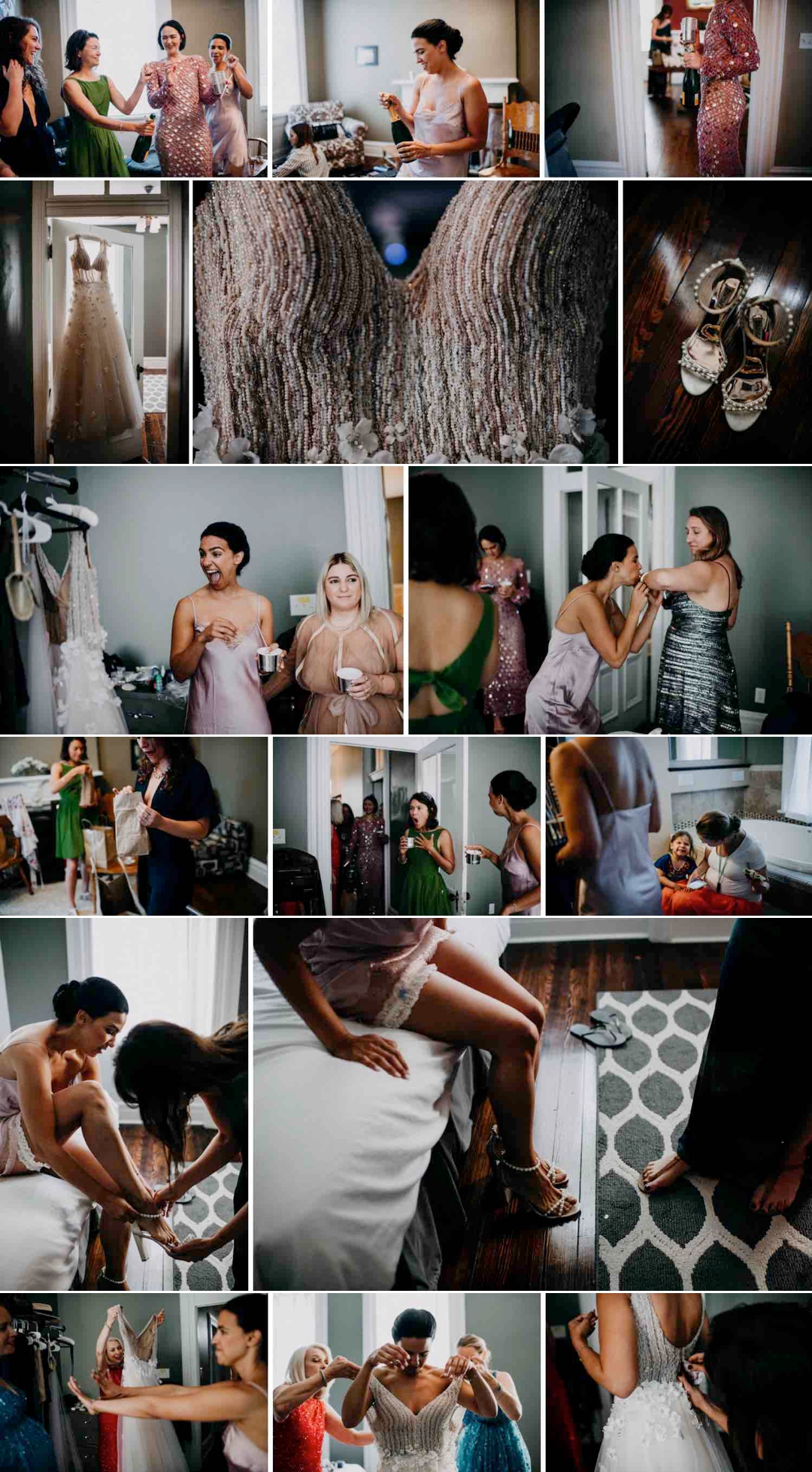 A collage of candid images of a bride getting ready with her family at her home on her wedding day.
