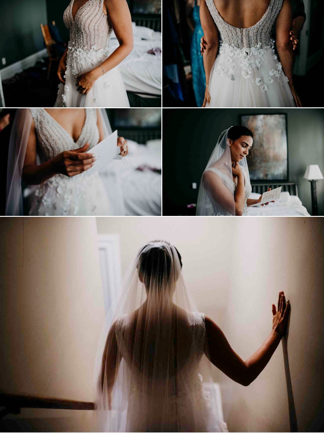 A collage of images of a bride reading a letter from a groom on the morning before her wedding ceremony