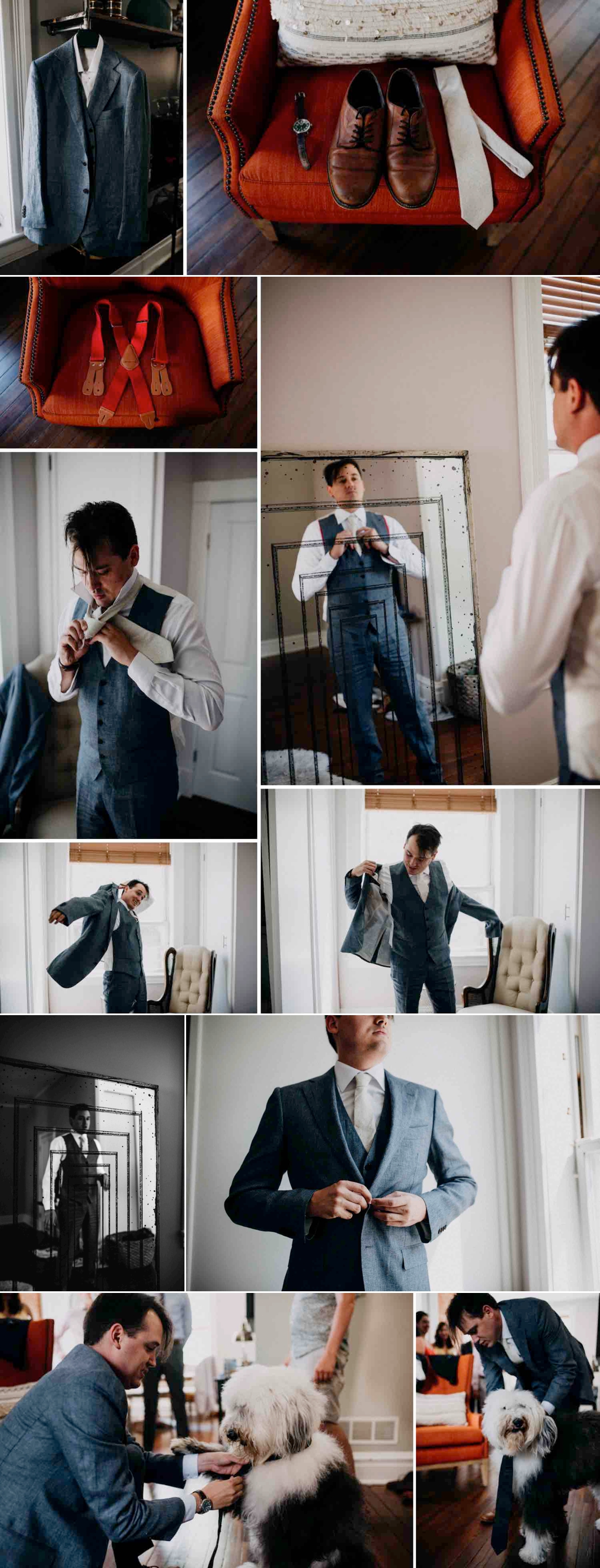 A collage of images of a groom getting ready the morning before his wedding ceremony.