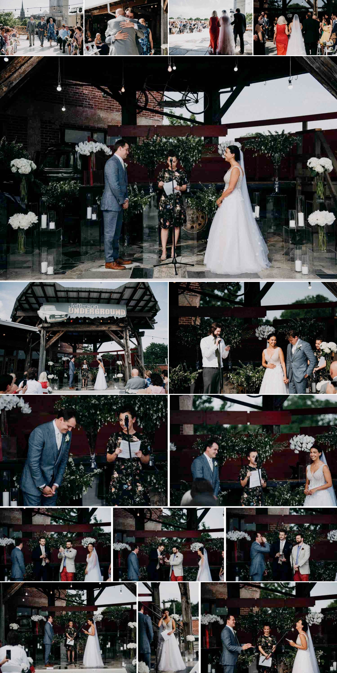 A collage of images of a rooftop wedding ceremony at Jefferson Underground Gallery. 