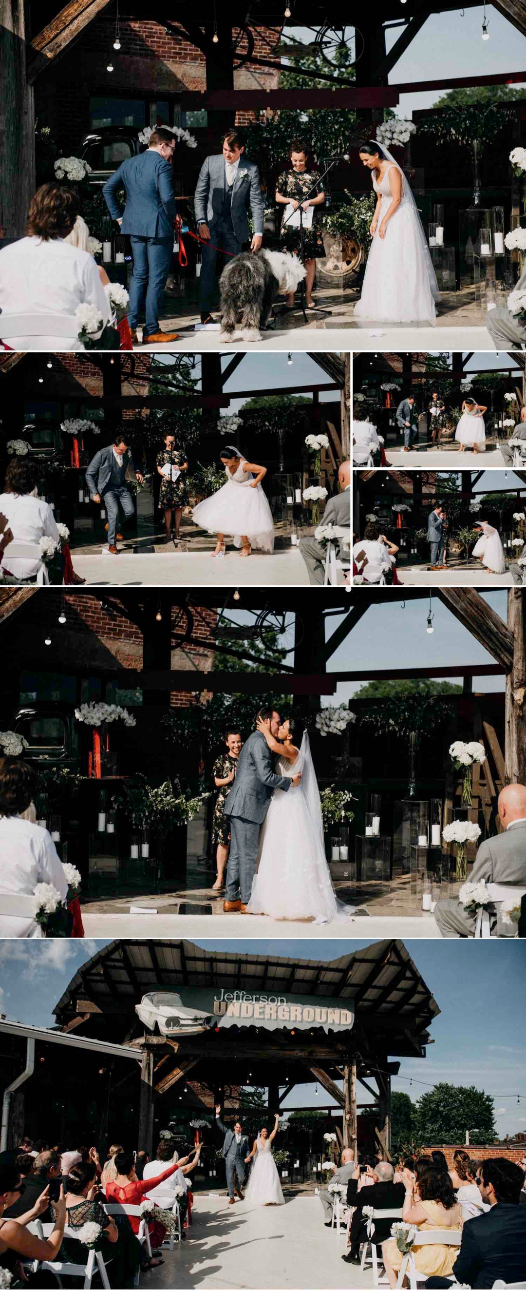 A collage of images of a Catholic Jewish rooftop wedding with a dog at Jefferson Underground 