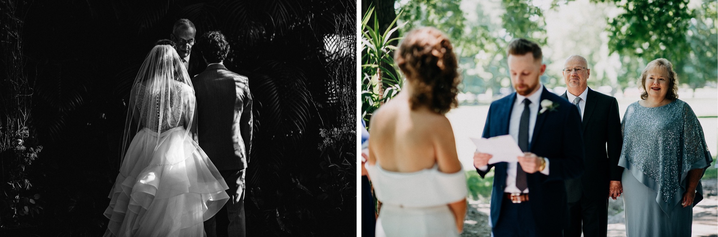 Dramatic light filters through the back of a bride's dress as she stands at the front of the Jewel Box in Forest Park with her husband during the ceremony portion of their wedding day timeline