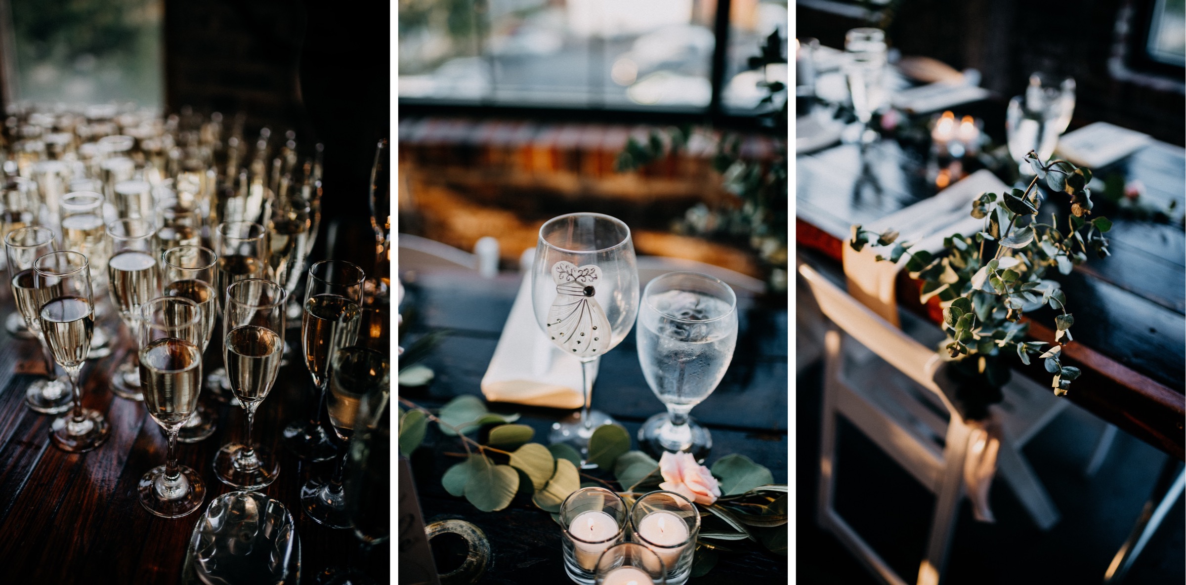 collage of details of champagne glasses and tabletop florals at a wedding reception