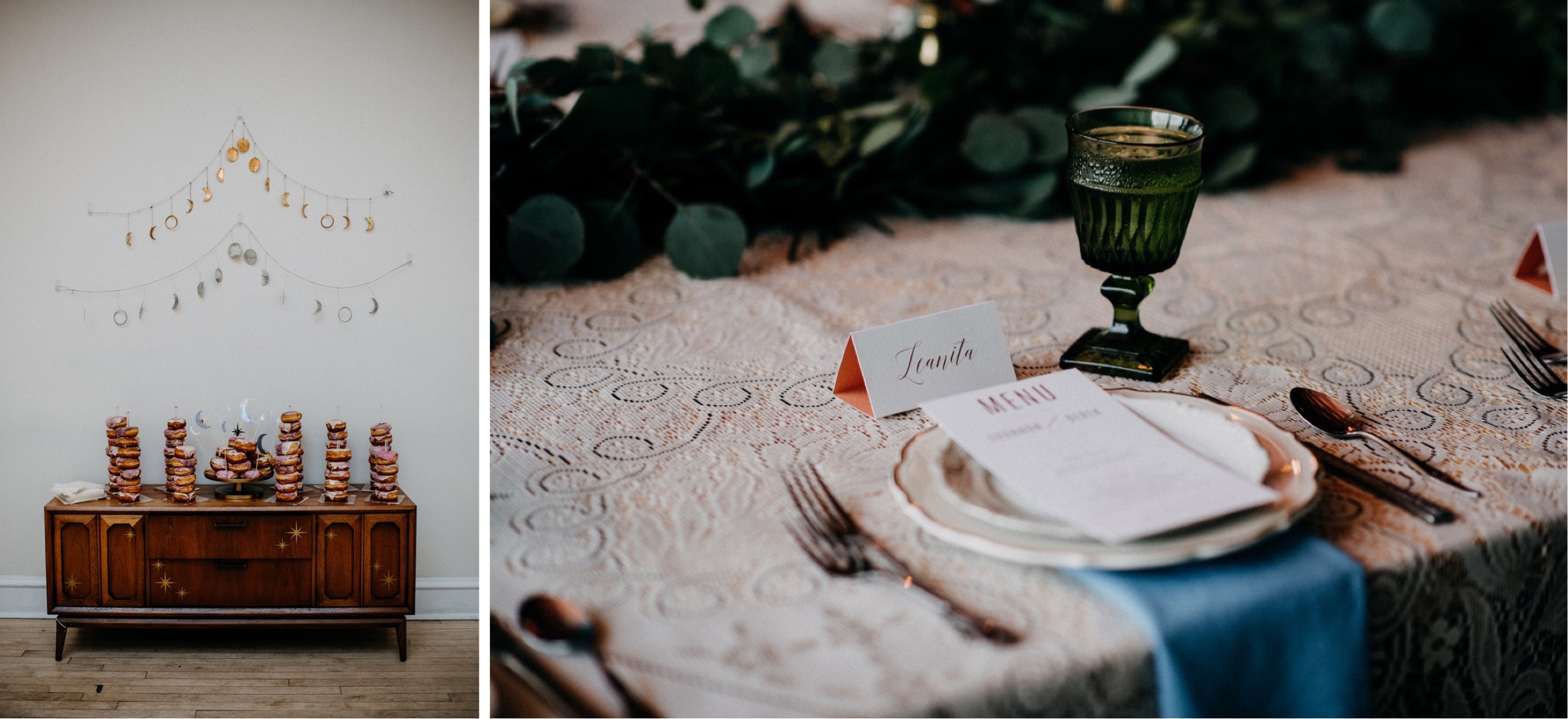 a vintage-inspired place setting with a green glass goblet with a lace tablecloth and a blue napkin 
