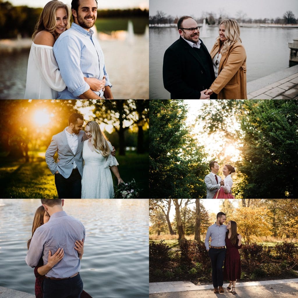 collage of engagement photos from various spots at the Grand Basin in Forest Park