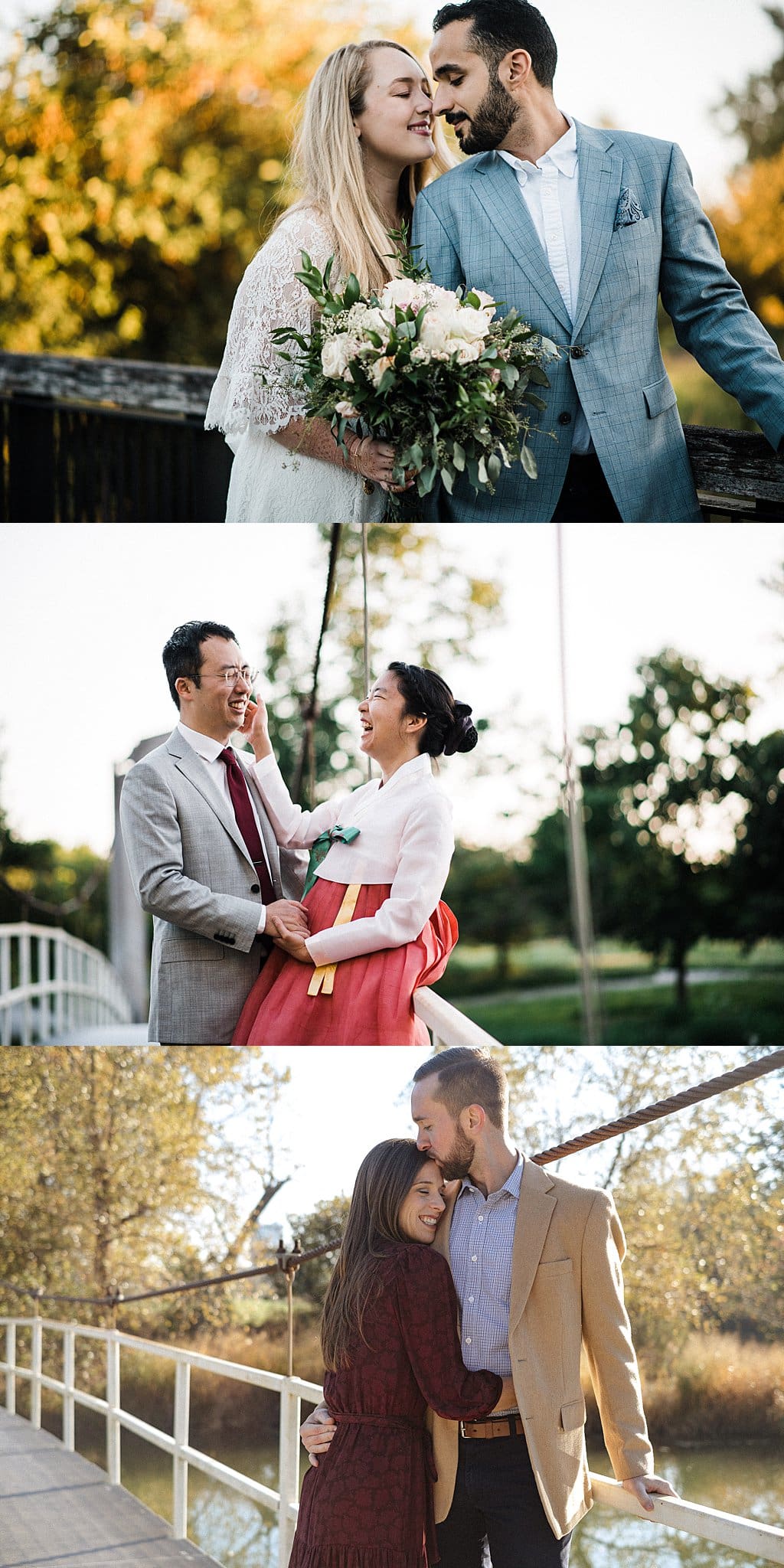 Collage of couples standing on a walkway bridges in the Grand Basin area of Forest Park in St Louis, MO