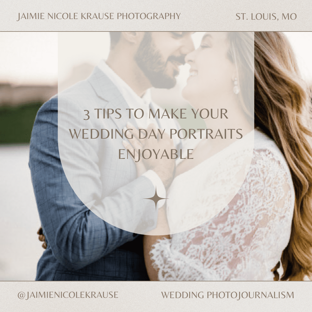 close up image of a couple holding hands and looking into each others eyes and smiling with the words "3 tips to make your wedding day portraits enjoyable" overlayed on the image